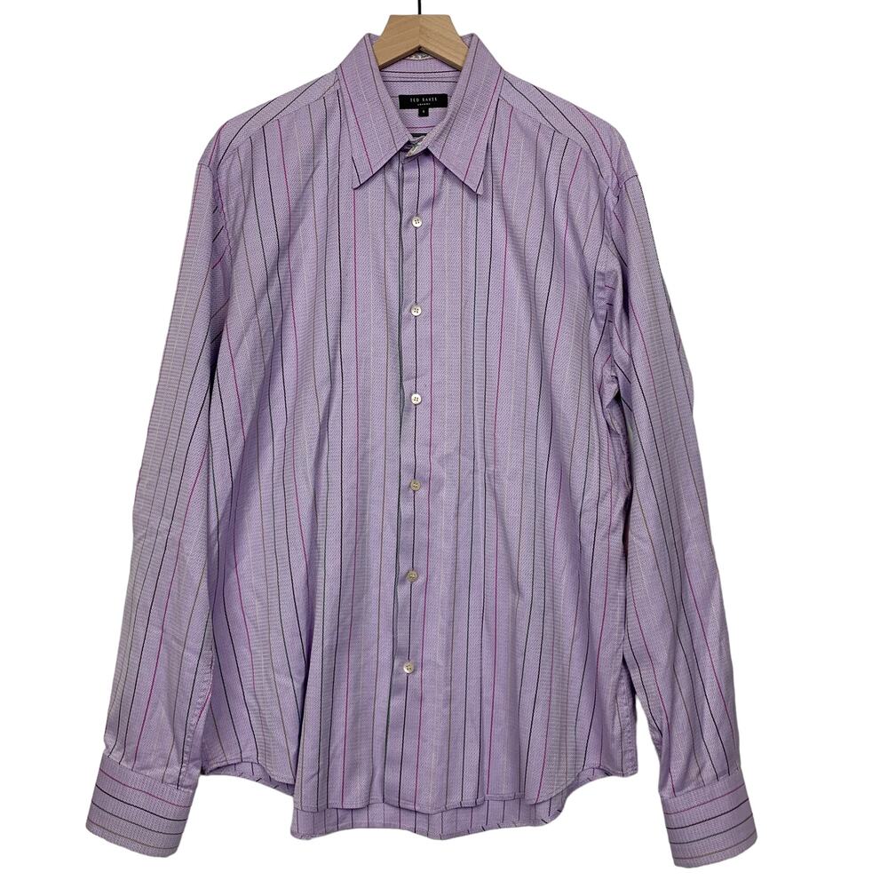 Ted Baker London Mens Button Down Size 6 Purple Colorful Striped Cotton Lavender